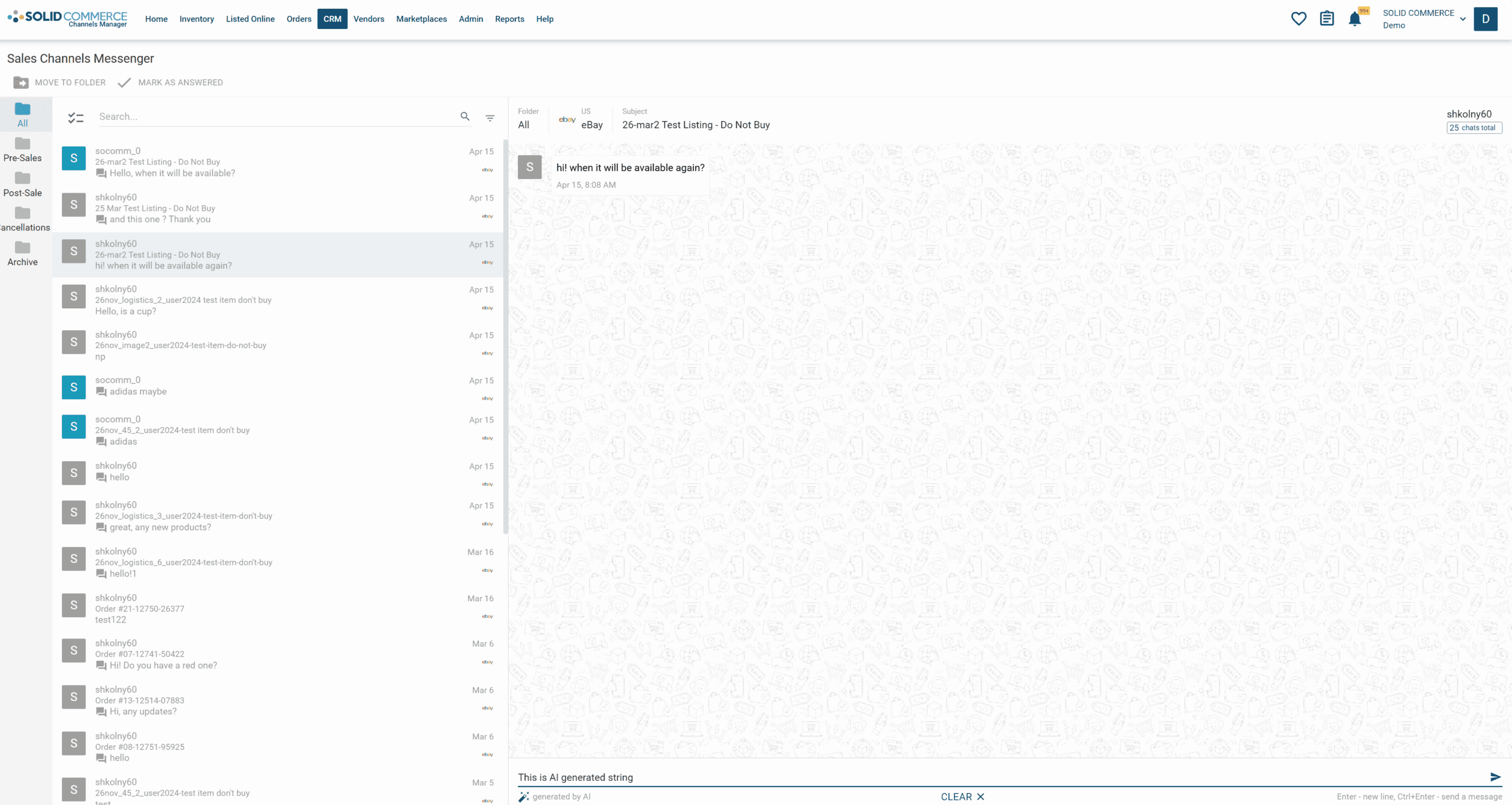 AutoReply inbox showing marketplace buyer messages, message status, and response controls.
