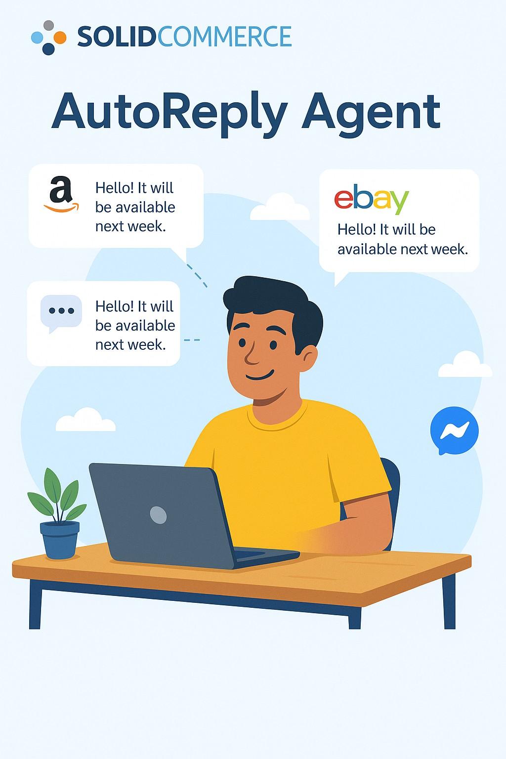 AutoReply Agent illustration showing automated responses across Amazon, eBay, and messaging channels.