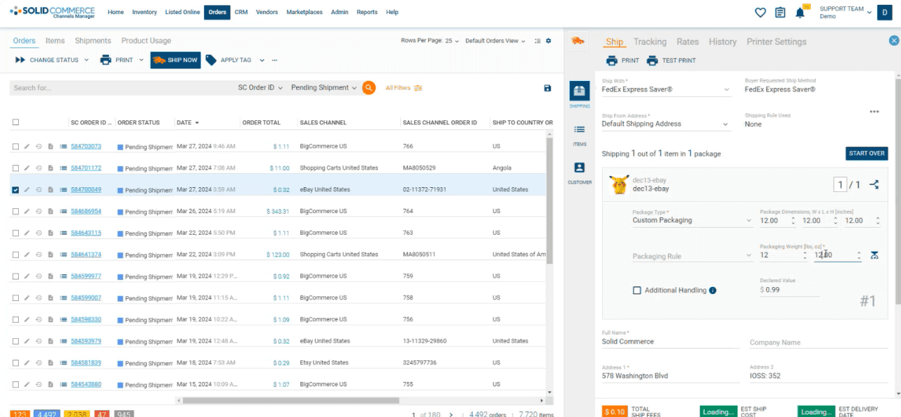 Solid Commerce order management dashboard with a centralized order queue and integrated shipping workspace.
