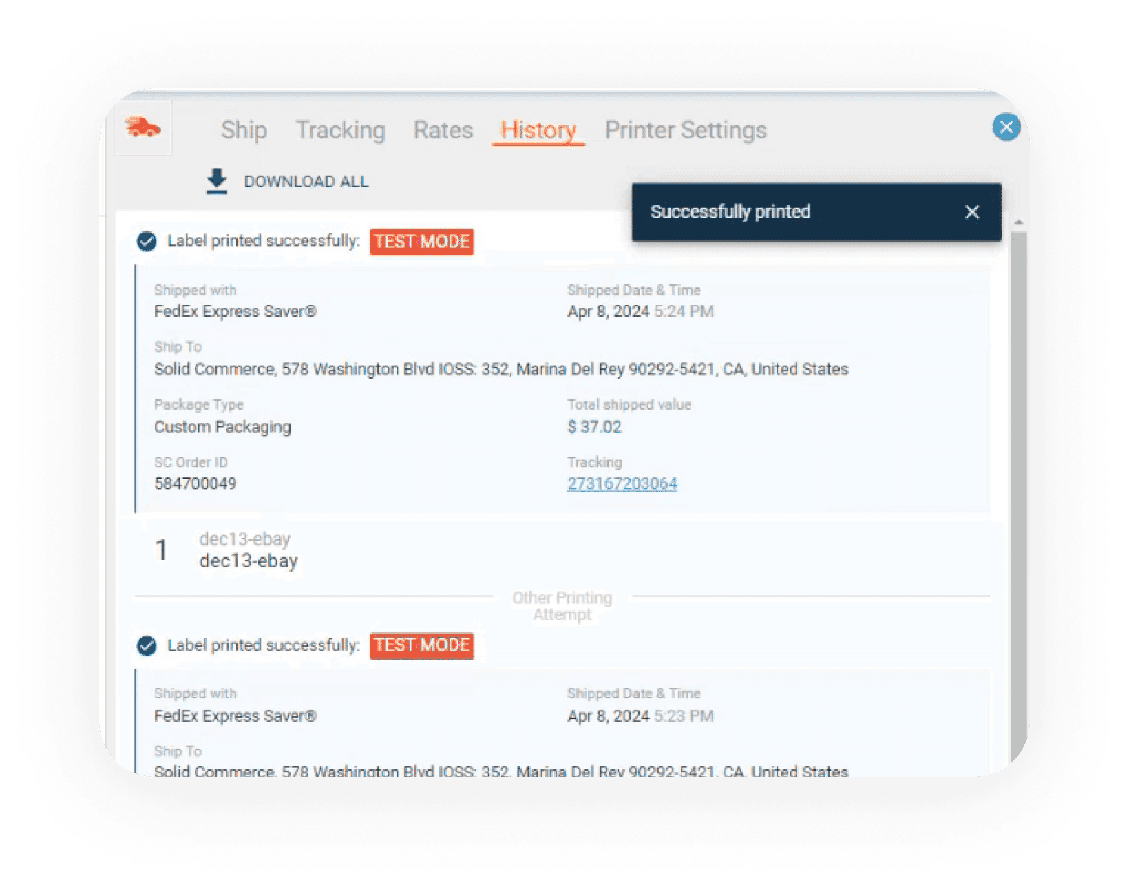 Solid Commerce shipment history showing a successfully printed FedEx label, shipment details, and tracking number.